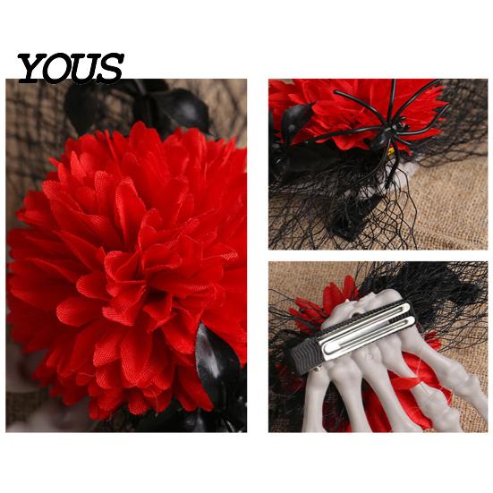 Halloween Hair Jewelry Gothic Skeleton Hand Flowers Clip with Black Mesh, Decorative Pins Skull Bone Claw Hairpin for Girls,Women, Party Costume