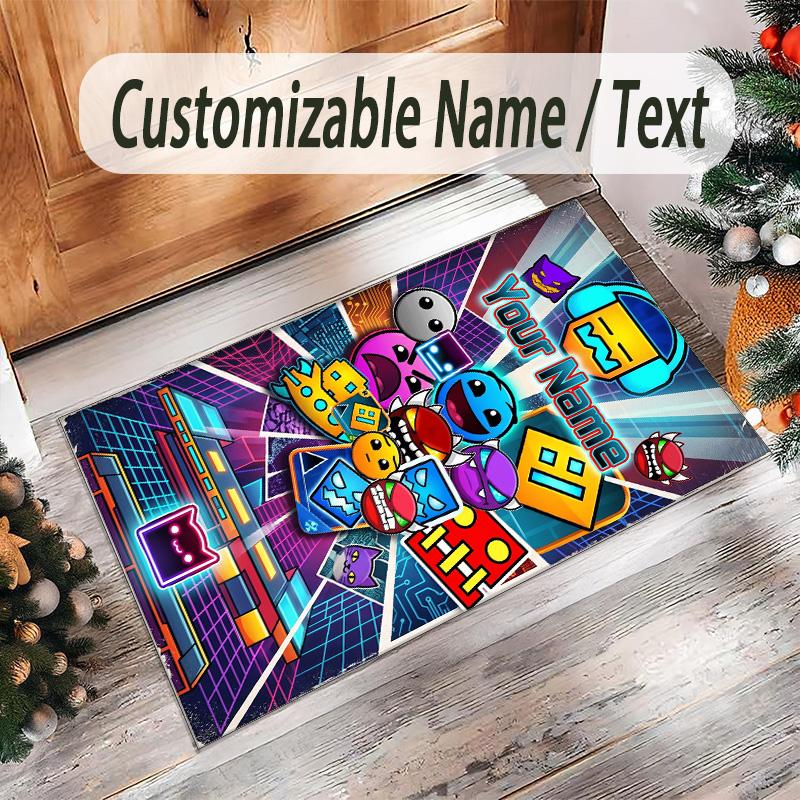 Personalized Crystal Velvet Carpet Custom Name Text,Geometry Dash Anti Slip Area Rug For Home Decoration