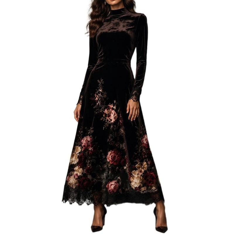 Womens Velvet Long Sleeve A-Line Dress With 3D Floral Embellishment Winter Elegant Party