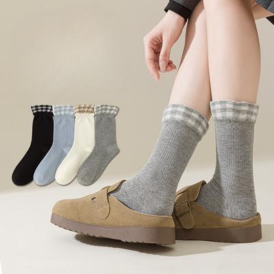 Damen Frühling und Herbst Sortiertes Karomuster Gekräuselte Spitze Flor im Schaft Baumwollsocken