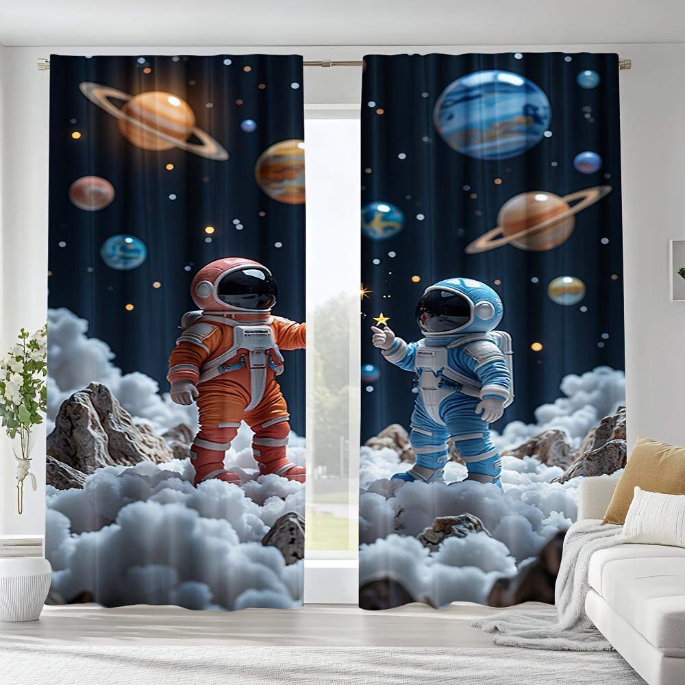 2pcs Space Adventure Curtains with Astronaut & Planets Design - Easy-to-Hang Pole Pocket   Machine Washable Polyester - Ideal for