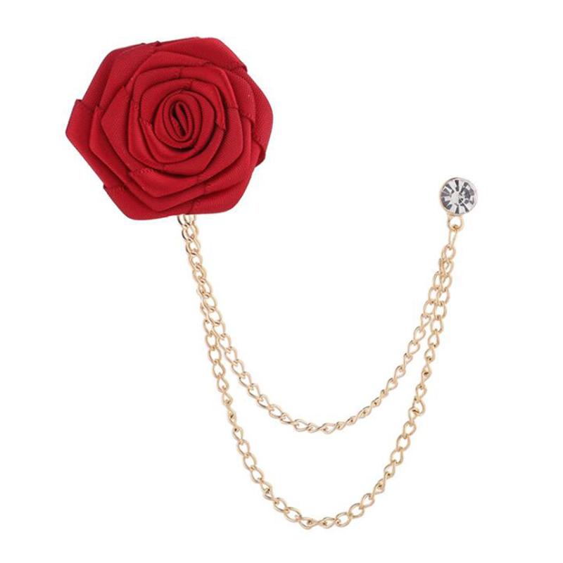 Bridegroom Wedding Brooches Cloth Art Hand-made Rose Flower Brooch Lapel Pin Badge Tassel Chain Men Suit Garment Accessories
