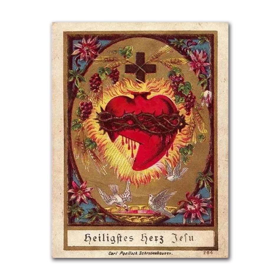 Art Print Mary Religious Canvas Painting Abstract Christian Wall Decor for Home Vintage Sacred Heart of Jesus