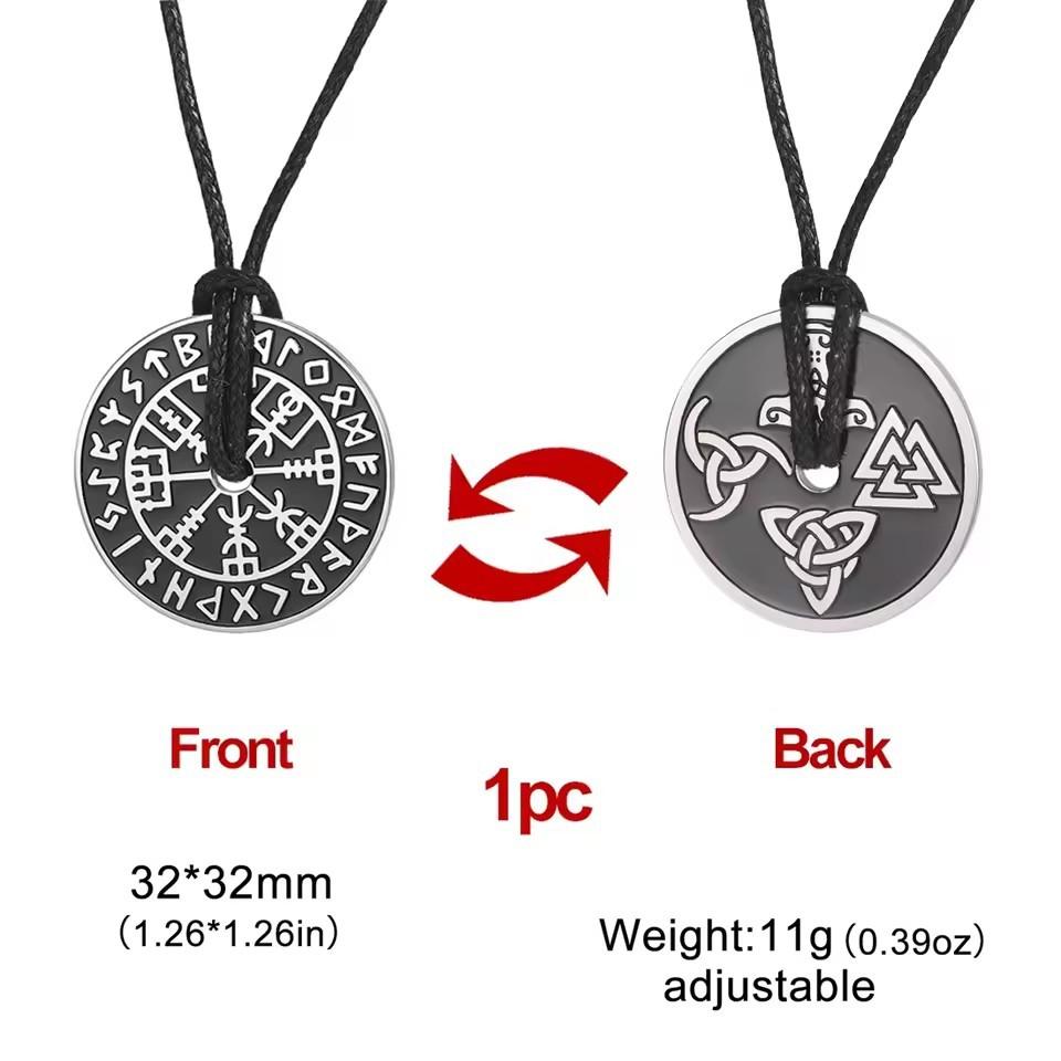 Collier Pendentif Rune Cercle Creux Découpé en Acier Titane Vintage avec Cordon en Cuir