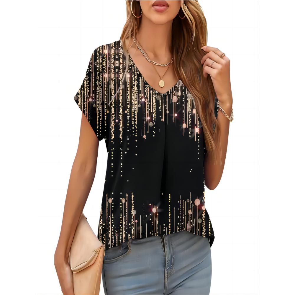 2026 New Summer Women T-shirt 3d Fashion Print Gradient Harajuku T Shirt Oversized Tee For Ladies Clothing New Short Sleeve V-Ne