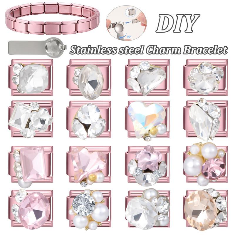 Y2K Pink Glitter Zircon Heart Flowers Rabbit Crystal Italian Charm Fit 9MM Stainless Steel Bracelet Women Men DIY Jewelry Gift
