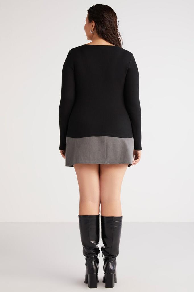 Damen Bluse in Übergröße Zazanabb Rippstrick Optik Körperbetont Tiefer Rundhalsausschnitt Geknöpft Schwarz Plus Size Bluse