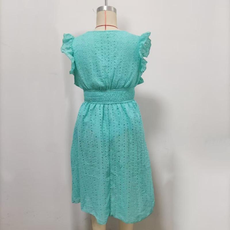 Fashion White Hollow Lace Midi Dresses Women Summer V Neck Ruffle Sleeve Dress Elegant Office Lady Casual Beach Holiday Sundres