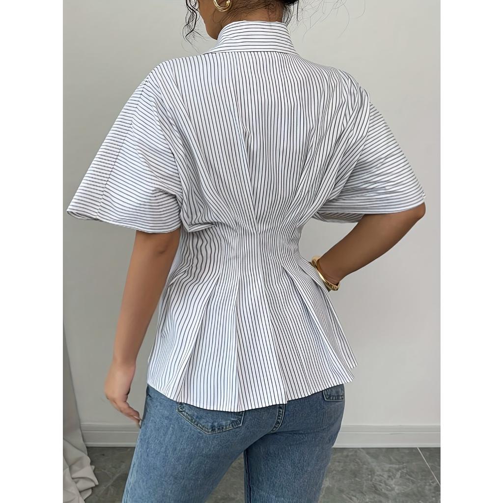 Spring Summer Women's Fashion Striped Shirt Casual Versatile Blouse Top European American Cross-Border