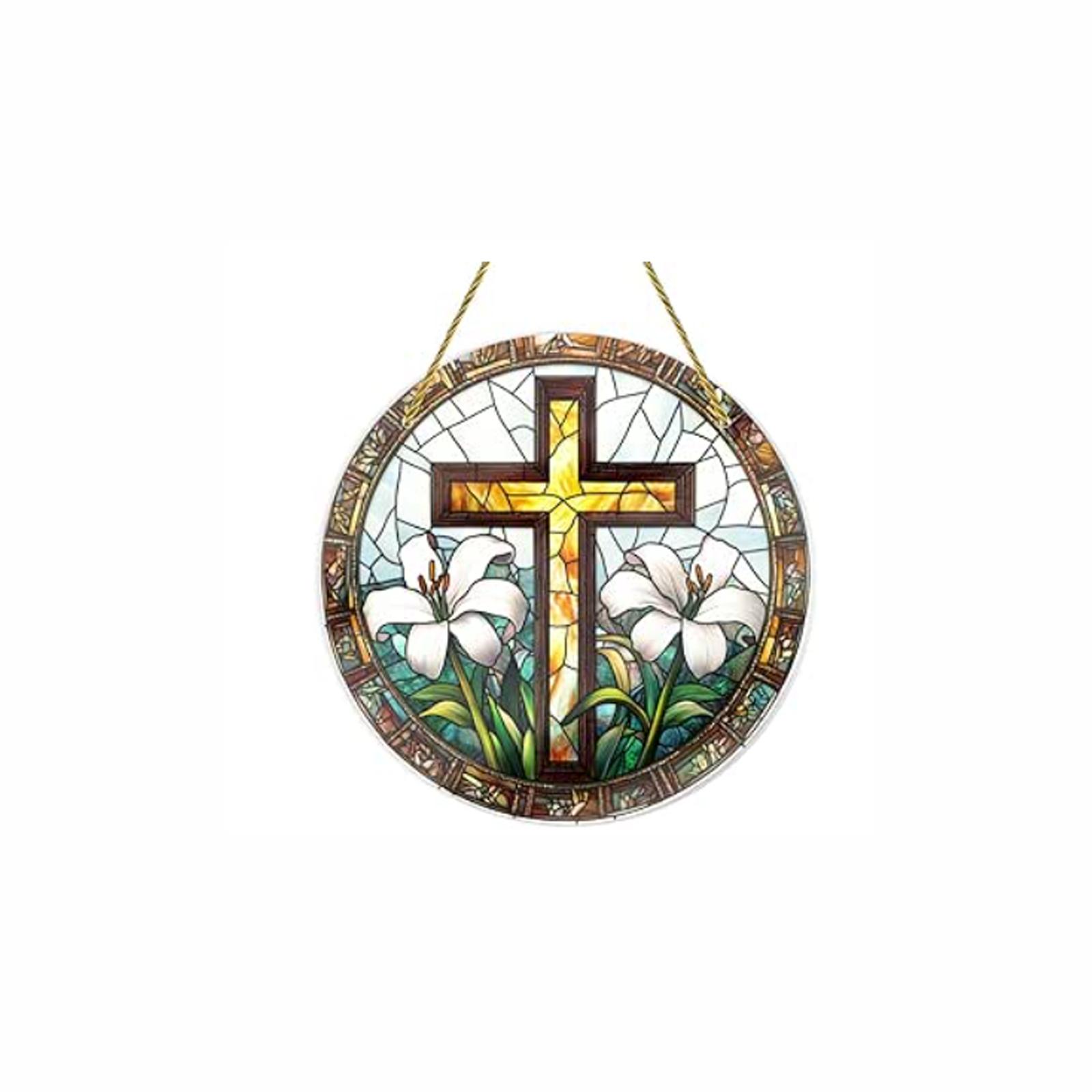 

Acrylic Puzzle Toy Hanging Ornament Stained Glass Style Cross with Floral Design Round Shape Decorative Window Hanging Piece One Size