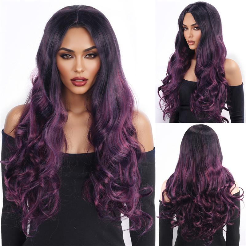 

Synthetic Hair Purple Wig Long Curly Wig with Side Bangs Beautiful Wavy Hairstyles Ombre Purple Wave Wigs Drag Queen Costume фіолетовий