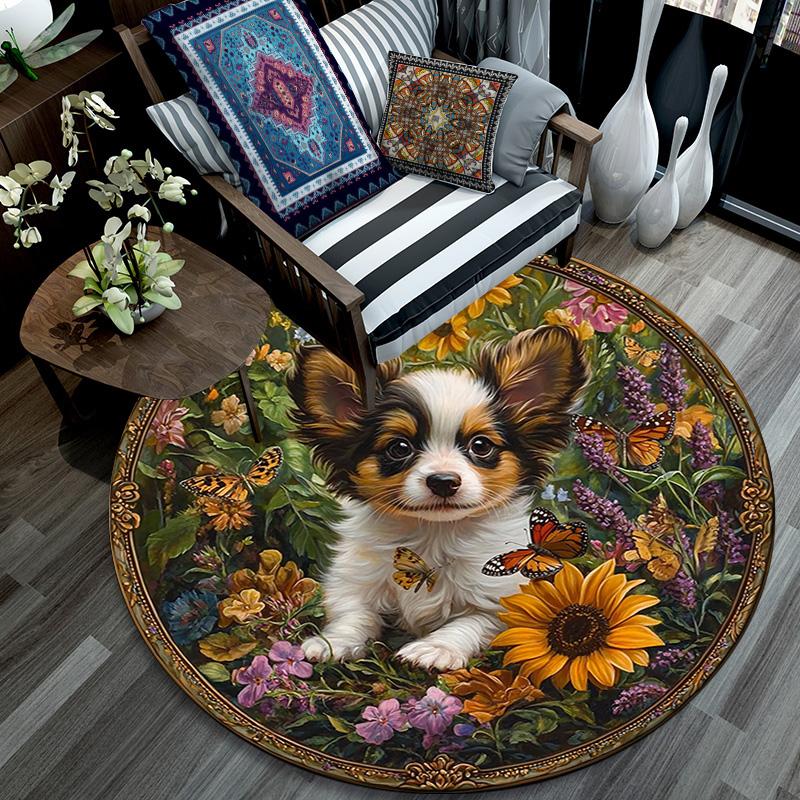 Puppy In Sunflowers Round Area Rug,Carpet Rug for Living Room Bedroom Sofa Playroom Decor,Non-slip Floor Mat
