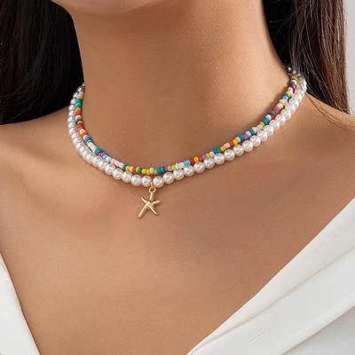 Ingemark Boho Renkli Tohum Boncuk İmitasyon İnci Zincir Kolye Kadın Vintage Denizyıldızı Kolye Gerdanlık Y2K Takı Aksesuarları