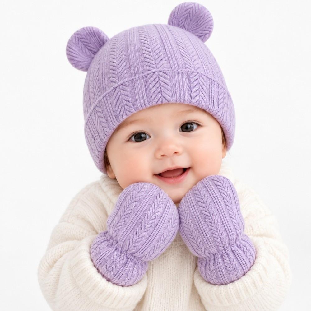 Knitted Bear Ear Earflap Hat Ear Protection Baby Hat Glove Set Fashion Children's Winter Hat  Girls
