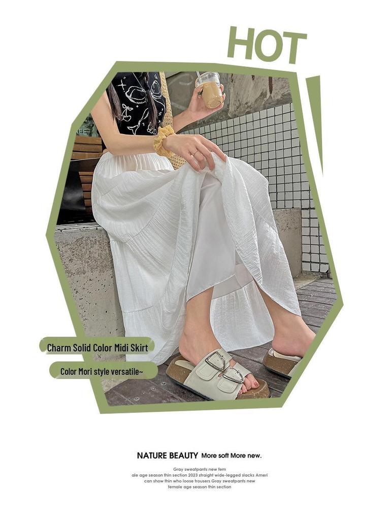 Women's White A-line Midi Skirt - 2025 Spring/Summer, Elastic High Waist, Slimming Long Fresh Style