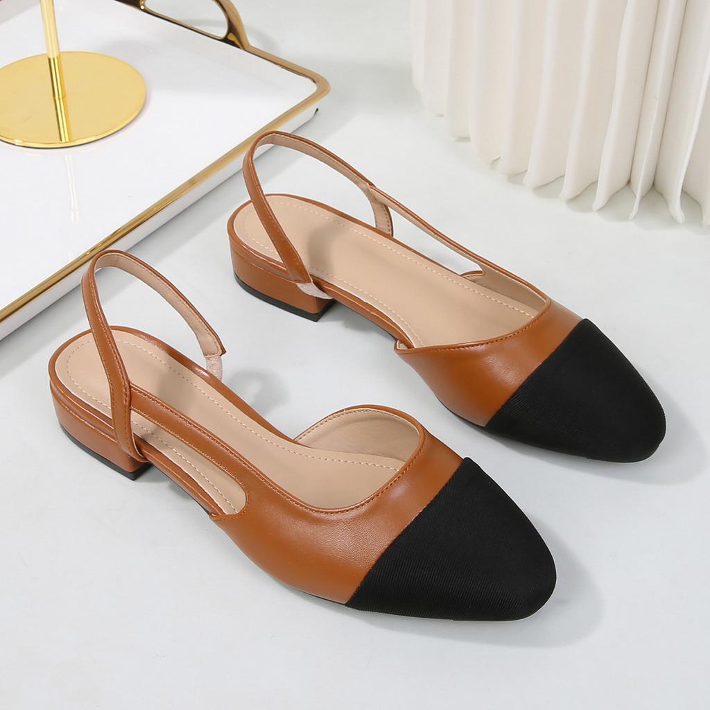 Women's Spring French-Style Square-Toe Chunky Heel Shoes with Color-Blocked Open-Back Flat Sandals In Plus Sizes