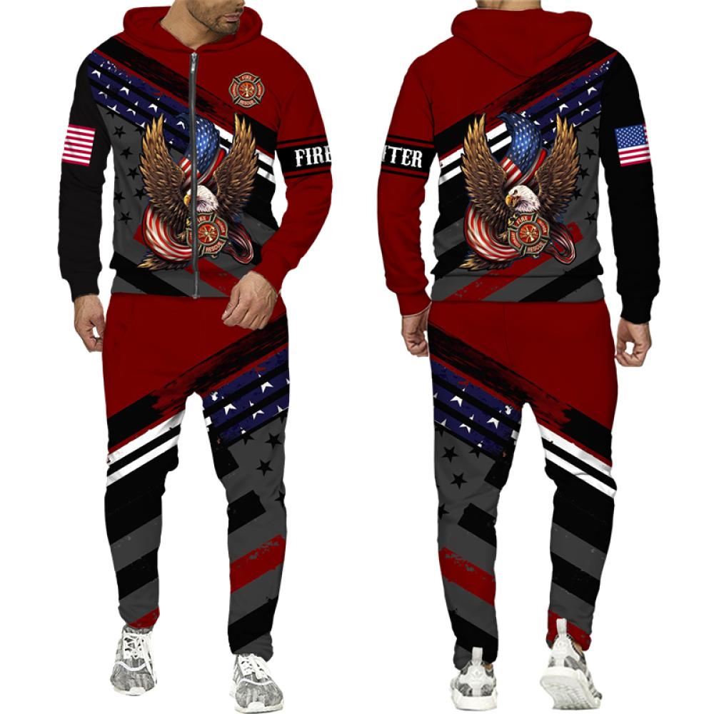 

Пожежний 3D-принт Чоловіча толстовка/світшот на блискавці/штани/комплект Пожежна форма Косплей Костюм Весна Осінь Вуличний одяг 3XL