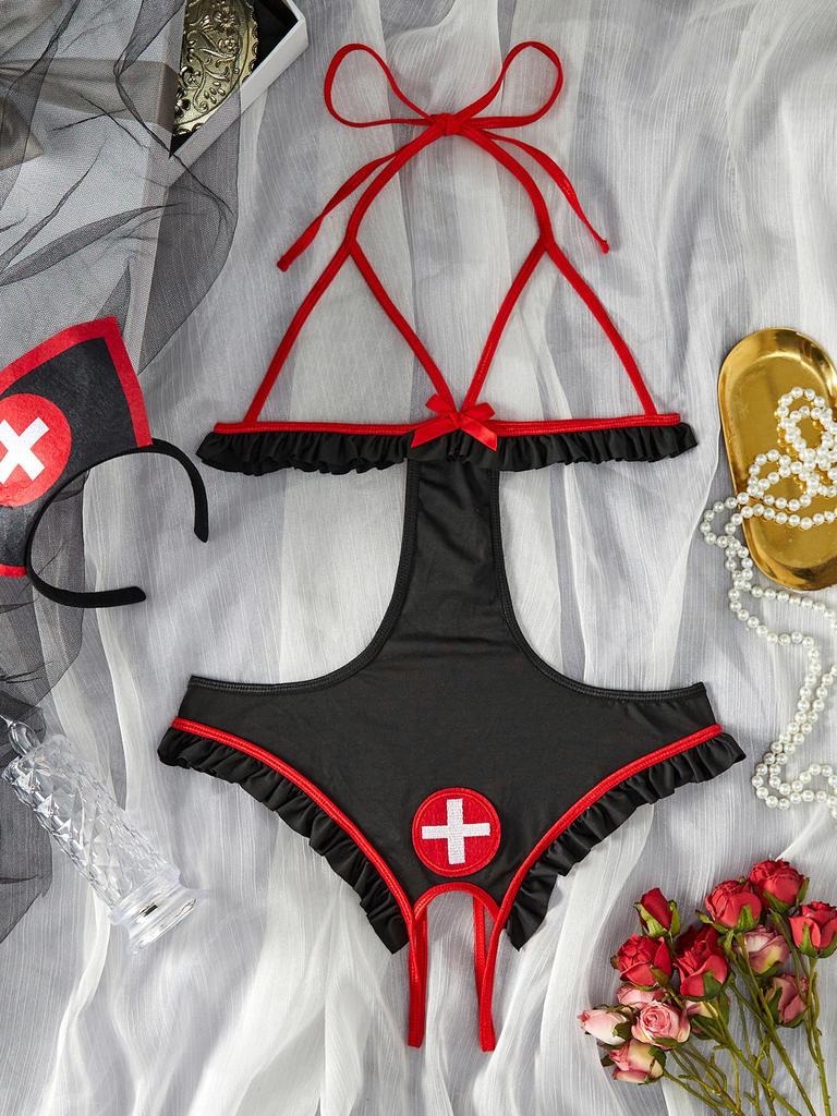 Body Sexy Vazado Europeu e Americano Fantasia de Empregada Enfermeira para Role Play Conjunto de Lingerie para Mulheres