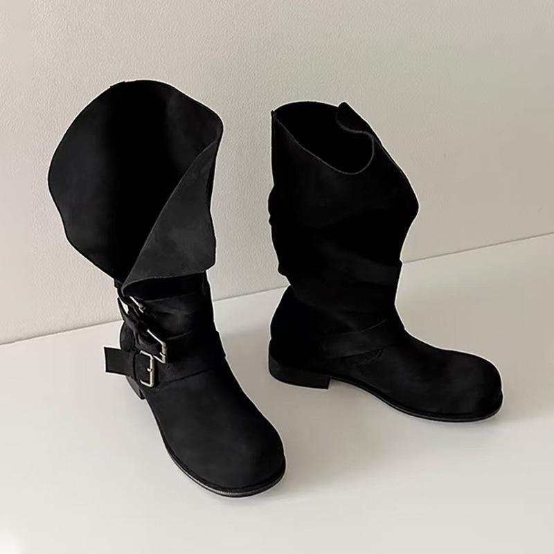 

Super Soft Cowhide~ Wasteland Wind Foldable Pile Boots Women s 2025 New Round Head Medium Boots Belt Buckle Western Boots 35 чёрный