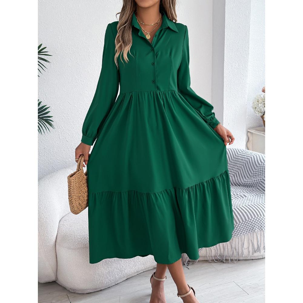 Women's Long Skirt Lapel Casual Loose Long Sleeve Ruffle Shirt Dress Fashion Dresses