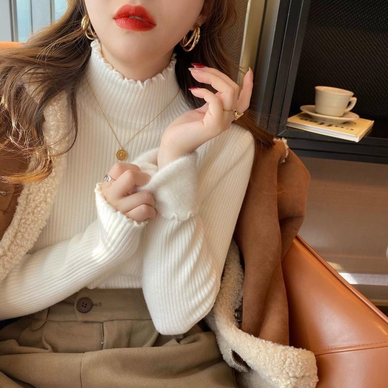 Fleece Thickened Sweater Women's Winter Thickened Bottoming Shirt Integrated Fleece Turtleneck with Wooden Ear Edge and Knitted Top Inside