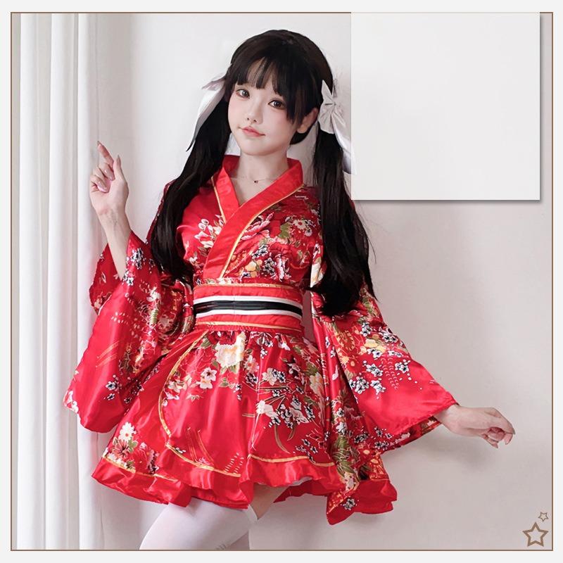 Japanese Yukata Robes Kawaii Girls Floral Printed Haori Suit Lovely Lolita Dress Women Maid Cosplay Costume Halloween