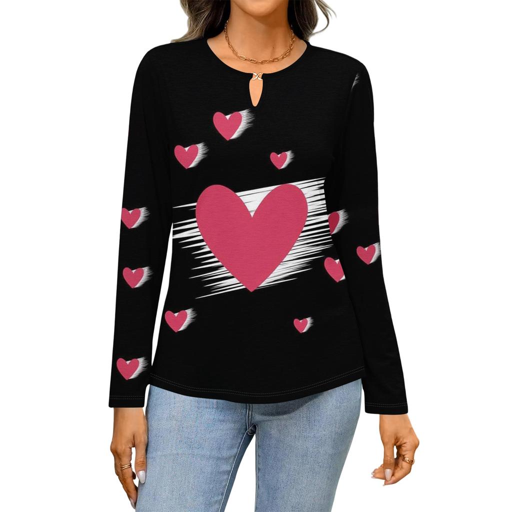 Women's Casual Round Neck Hollow,out Pullover Long Sleeve Valentine's Day Heart Print T,shirt Top
