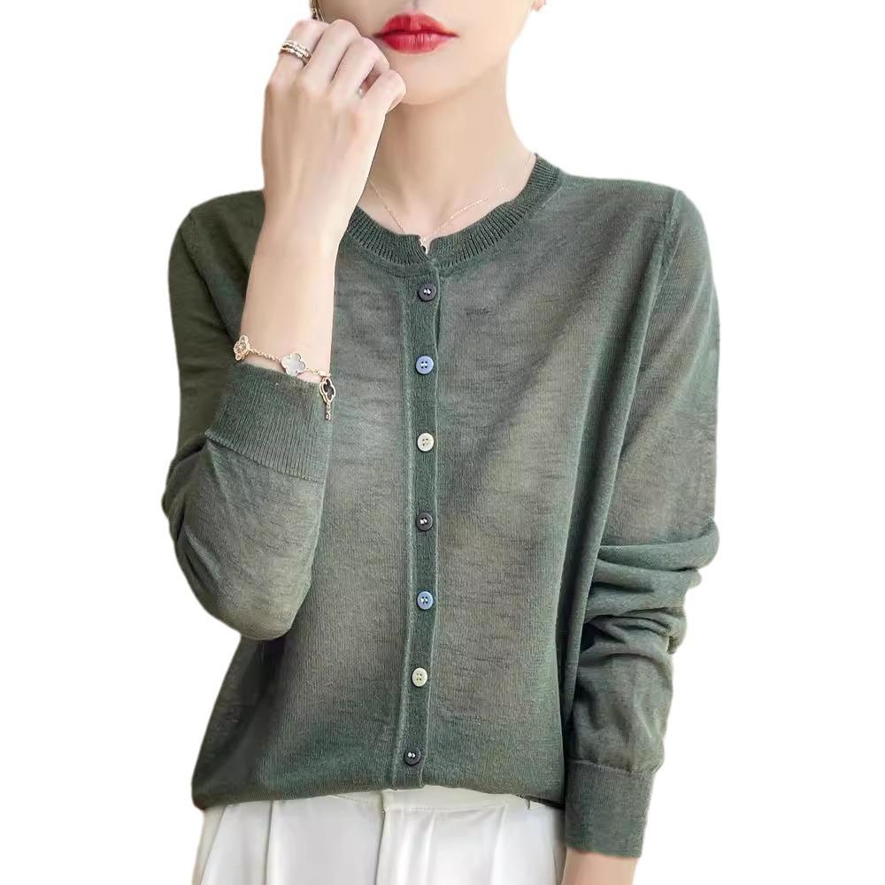 Dámsky letný kardigán s dlhým rukávom z tenkej úplety s okrúhlym výstrihom, slnečná bunda, klimatizačné tričko, topy