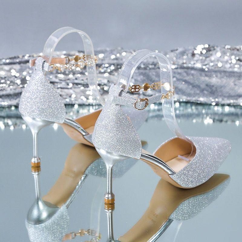 Wedding shoes thin heel design sense niche sandals 2025 summer new silver high heels temperament Muse fan women's single shoes