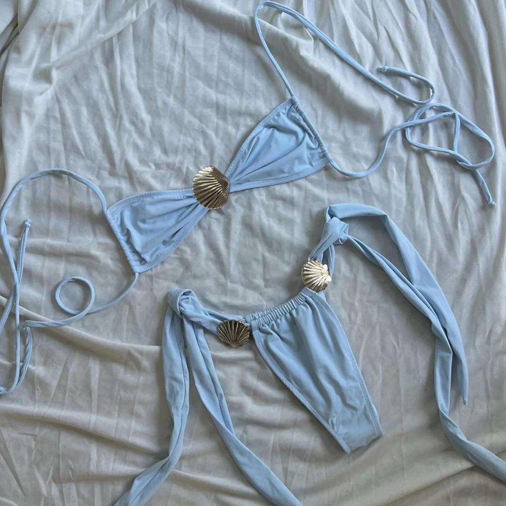 2025 New Metal Shell Solid Color Lace-up Sexy Cute Party Bikini