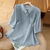 Casual Cotton Linen Irt Women Summer Loose Fit Versatile Color Agel Five Sve Flip Collar Top