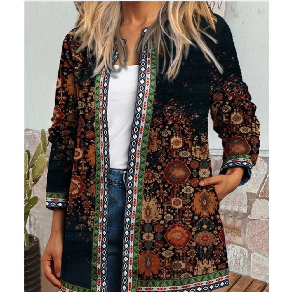 GMXIA Autumn and Winter Vintage Ethnic Style Printed Long Sleeve Hoodie Outside Cardigan Coat for Women