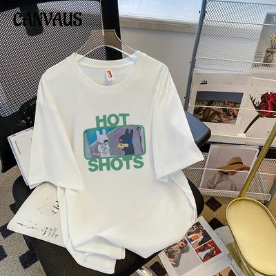 Lässiges Kurzarm-T-Shirt mit Baumwolldruck für den Sommer, lockere Halbarm-Oberteile für Damen in Übergröße