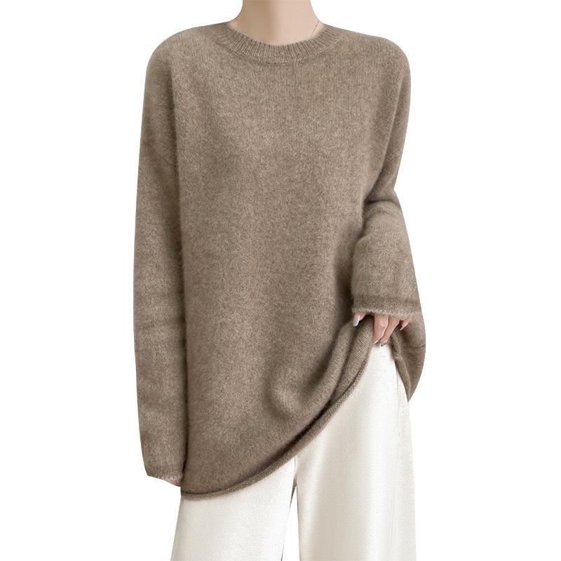 100% Pure Wool Women's Round Neck Knit Sweater - Long Sleeve, Loose, Lazy Style for Autumn/Winter
