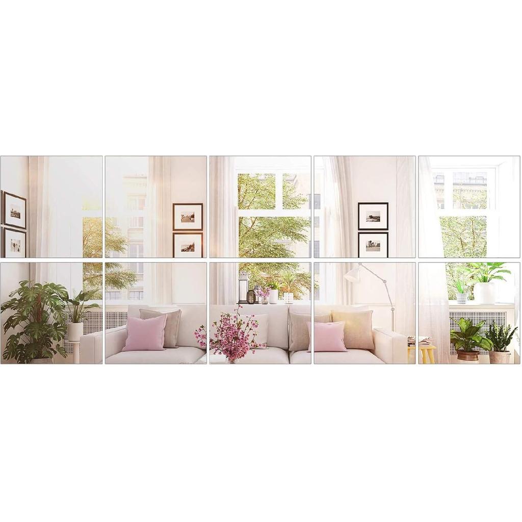 BBTO 10 Pieces Self Adhesive Acrylic Mirror Tiles 6 x 9 Inch Flexible Rectangular Mirror Sheets Wall Stickers for Home Living Room Wall Decor