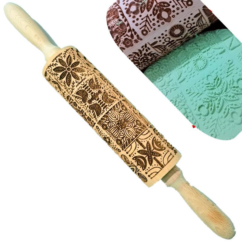 New Style Embossing Rolling Pin Baking Cookies Noodle Biscuit Fondant Cake Dough Engraved Roller Wood Gifts 15 Colors