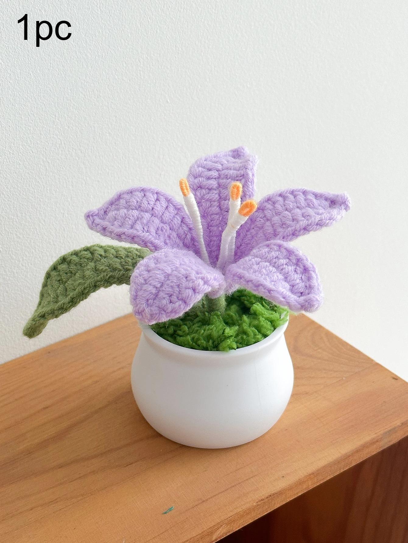

1pc Flowers Hand-Knitted Lily Potted Delicate Crochet Woven Flowers Pot Mother s Day Valentine s Day Gift Room Home Decoration 1pc фіолетовий