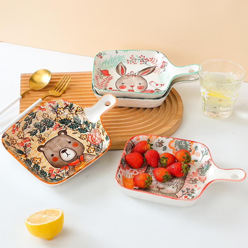 Creative Cartoon Animal Ceramic Plate With Handle Restaurant Household Vegetable Plate Western Food Plate Breakfast Plate Single Handle Baked Rice Pla
