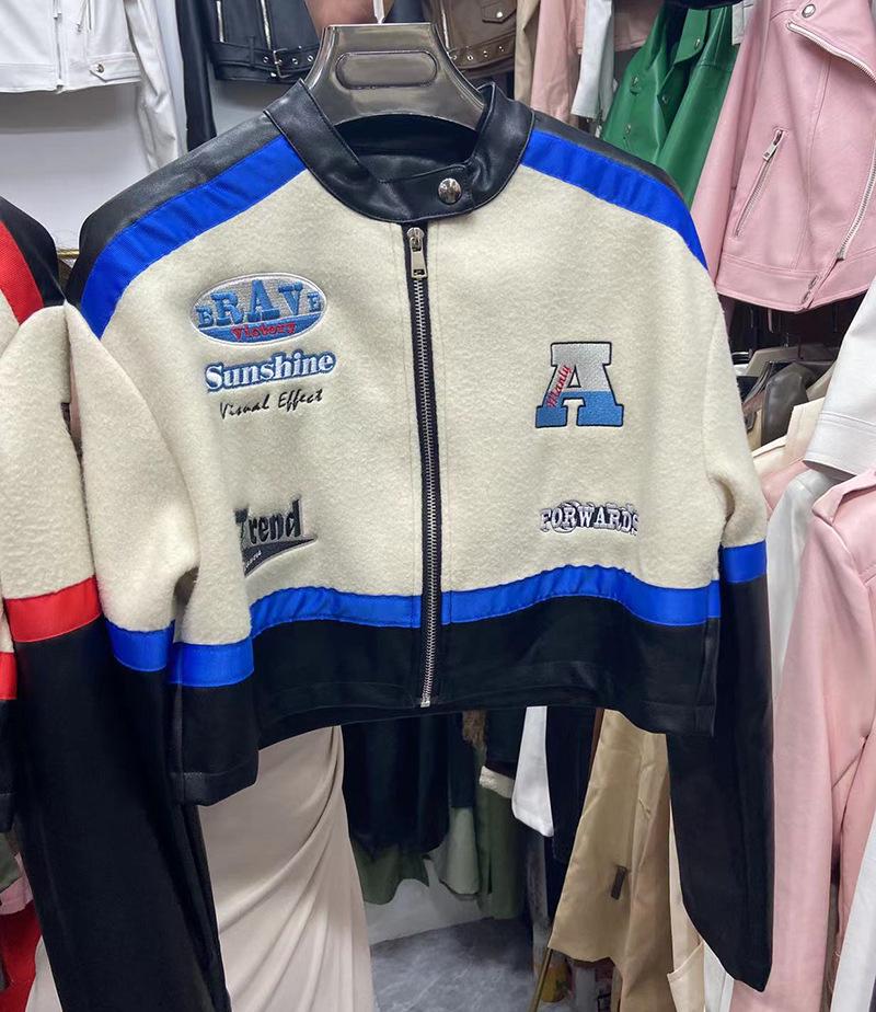 

Женская куртка из искусственной кожи с контрастной вышивкой в стиле ретро 2023 года — мода ранней осени, свободный крой, короткое пальто XL синий