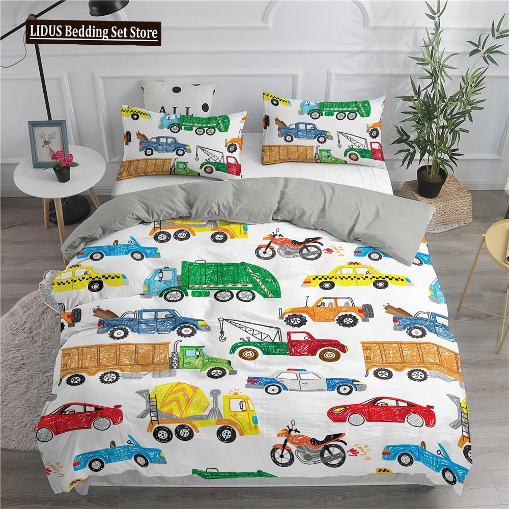 Cartoon Feuerwehrauto King Queen Bettwäscheset für Jungen Kinder Betonmischer Bettbezug Traktor Kran Bagger Polyester Quiltbezug