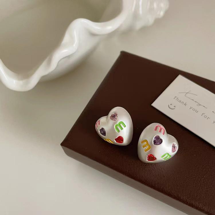 Korean Style Heart Zirconia Earrings - Colorful Niche Design for Girls