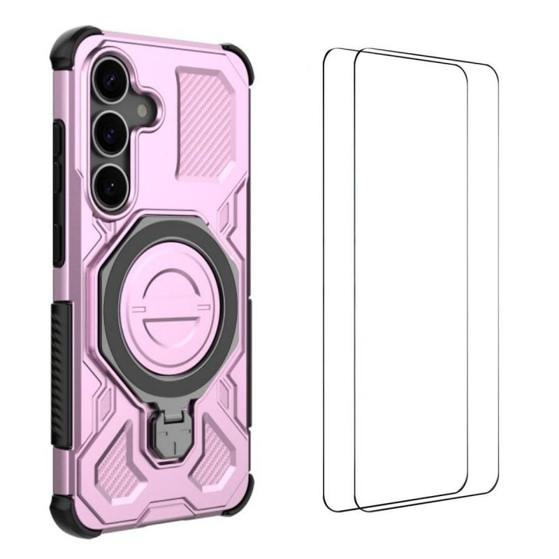 

For Samsung Galaxy S25 FE Case Kickstand with 2Pcs Screen Film WANLONFENG KJ Series PC TPU Phone Cover (Big Lens Hole) Purple