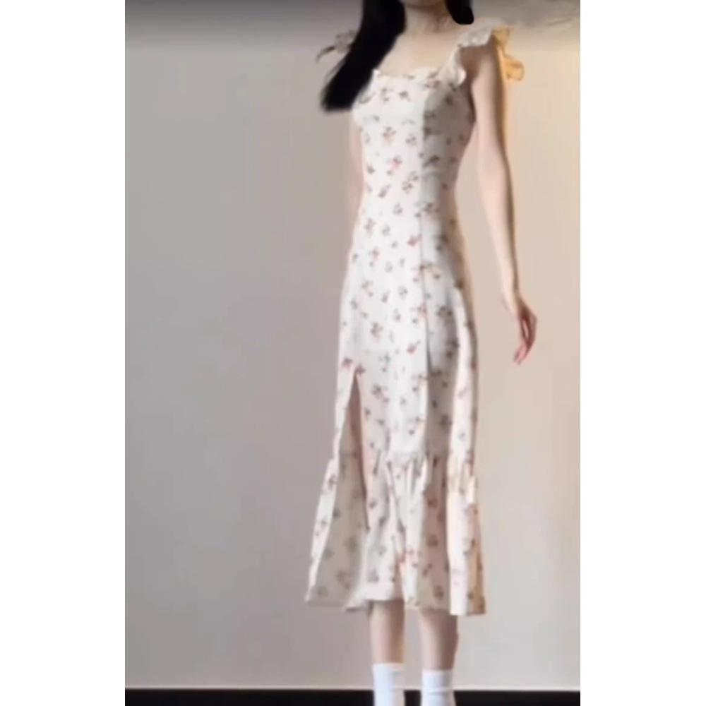 Retro Xiaofei sleeve floral suspender dress for children, slim and thin, beautiful split-ended long dress in summer