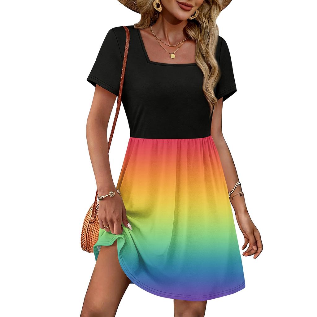 Women's Fashionable Casual Square Neck Retro Print Summer Dress