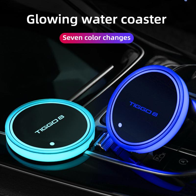 For Chery TIGGO 8 Car Luminous Water Cup Coaster 7 Colorful Car Led Atmosphere Light Car logo Cupmat Ambience lights