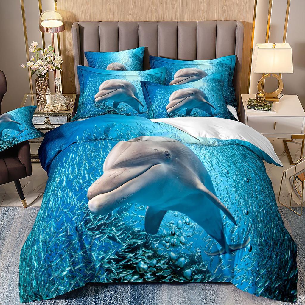 3D-gedruckte Heimtextilien Bettwäsche Delfin Meeresschildkröte Meerestier Quilt-Set Dreiteiliges Set