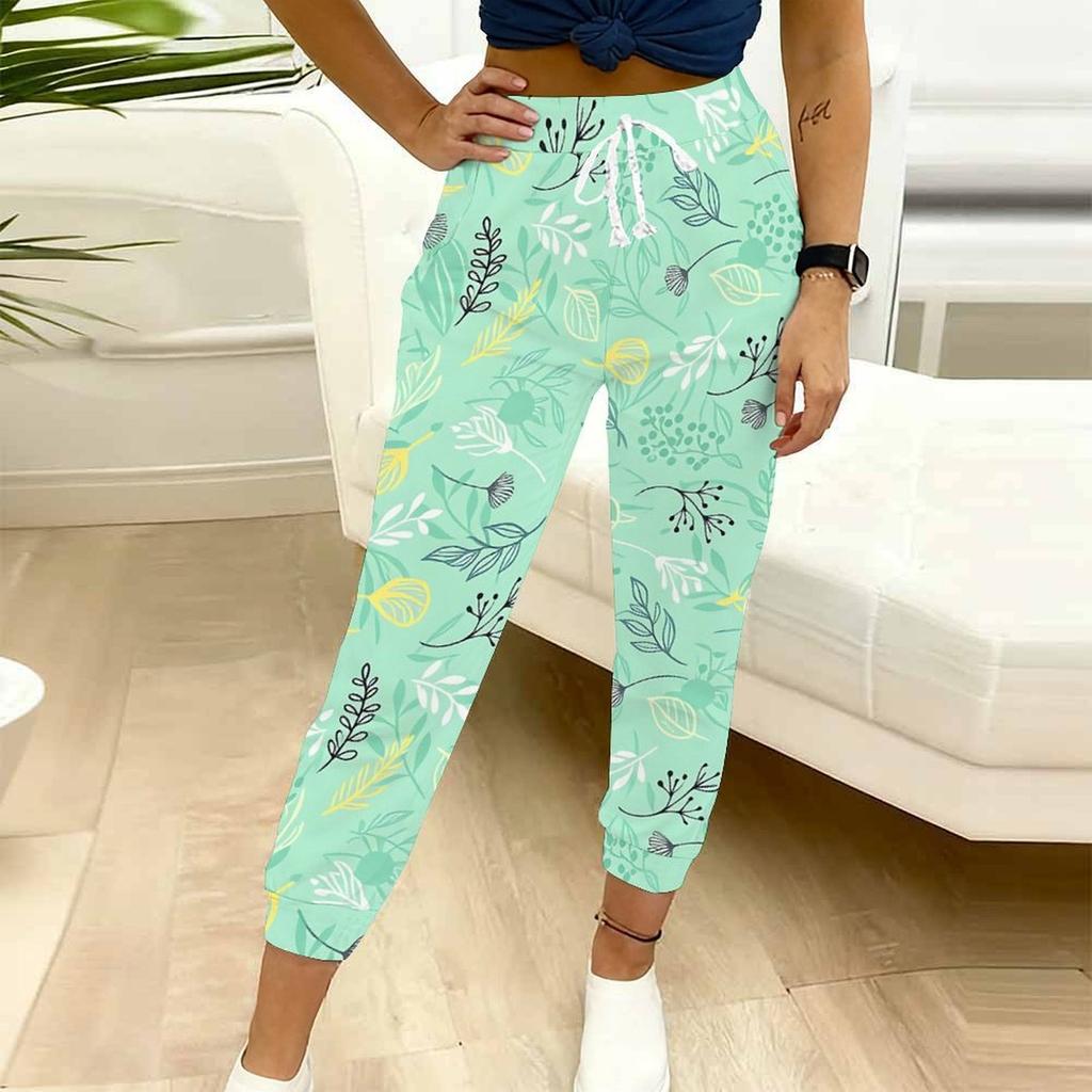 Summer Ladies Fresh Watercolor Printed Sweatpants Loose Fit Drawstring Joggers Elastic Cuff Daily Casual Pants