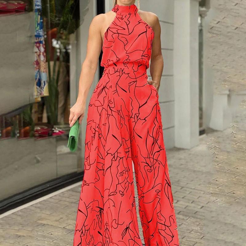 2026 Fashion Sexy Elegant Printed Sleeveless Wide-leg Jumpsuits Trousers
