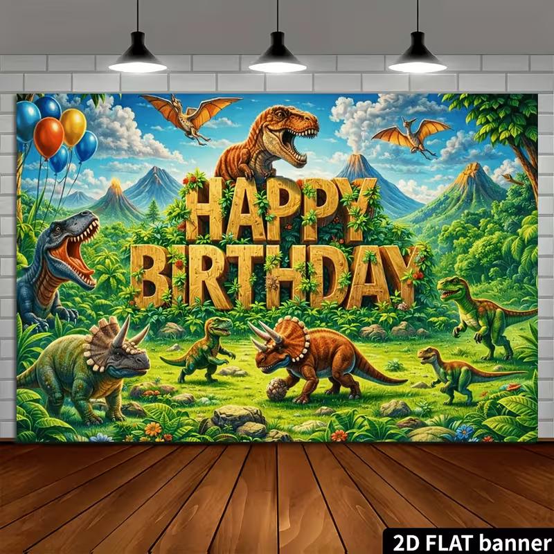 2D Flaches Dinosaurier-Geburtstagsbanner, Jurassic Jungle und Dinosaurier-Szene für Kinderparty