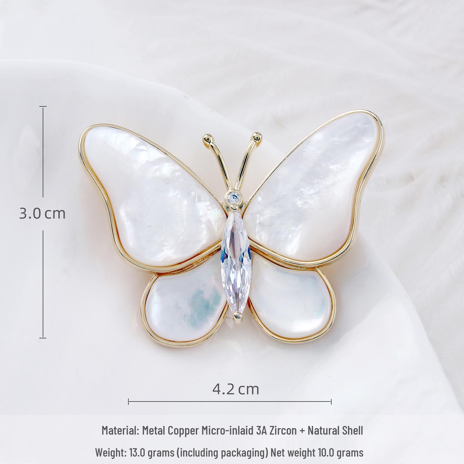 Gold-Plated Natural Shell Butterfly Brooch with Zirconia Flower - Elegant Women s Accessory